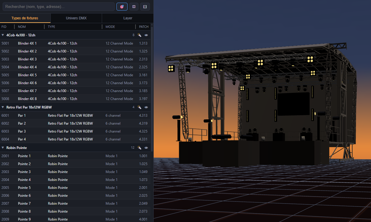 Aperçu du visualiseur : patch DMX et scène 3D